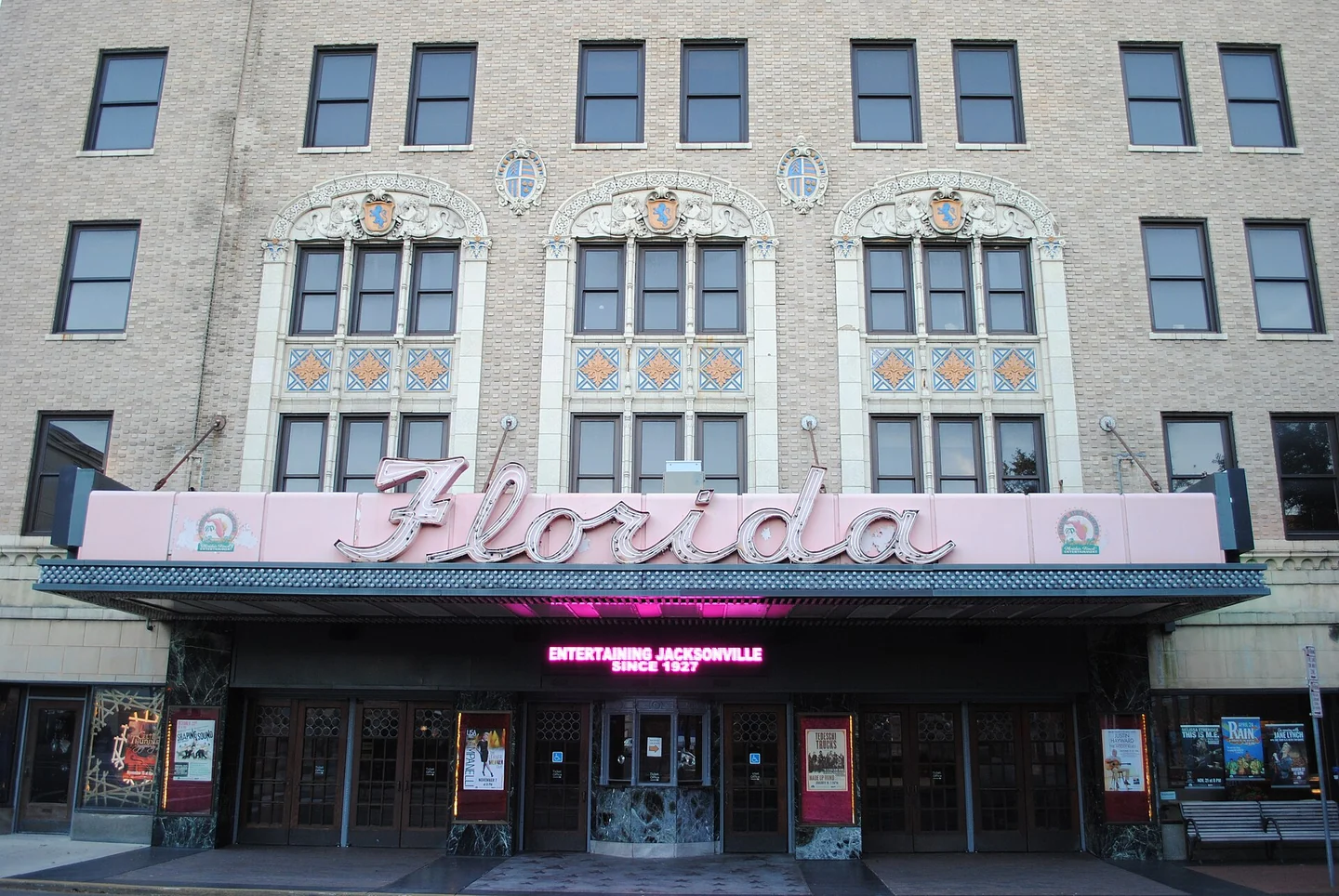 Florida Theatre’s pink marquee, ornate façade, and main entrance in Jacksonville