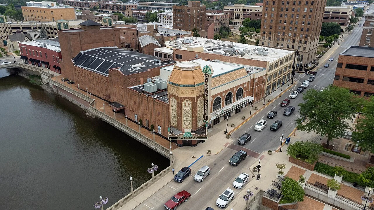 Elevated view of the Paramount Theatre and surrounding downtown Aurora streets.