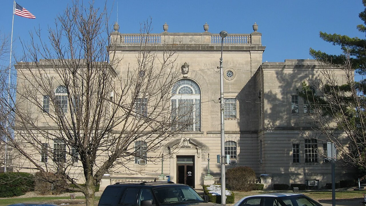The limestone southern facade of the Lawrence County Courthouse in Bedford.