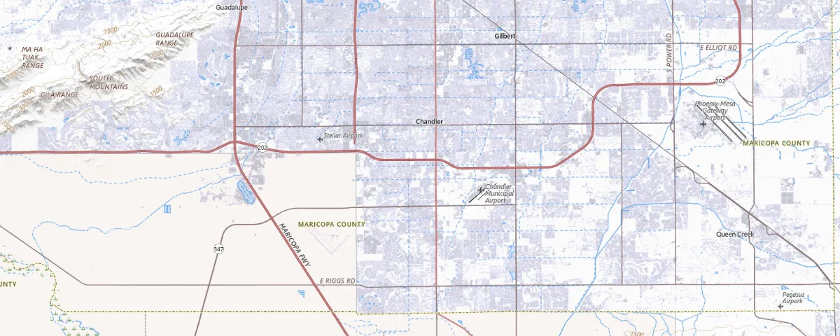 Map of the Chandler, Arizona area, showing local roads and geographic features
