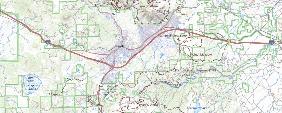 Map of the Flagstaff, Arizona area, showing local roads and geographic features