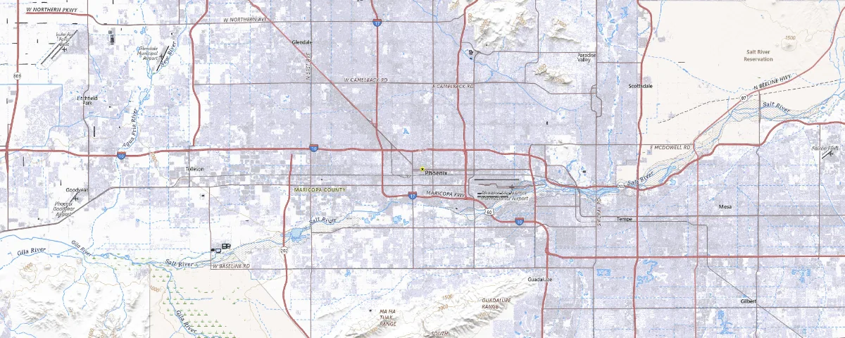 Map of the Phoenix, Arizona area, showing local roads and geographic features