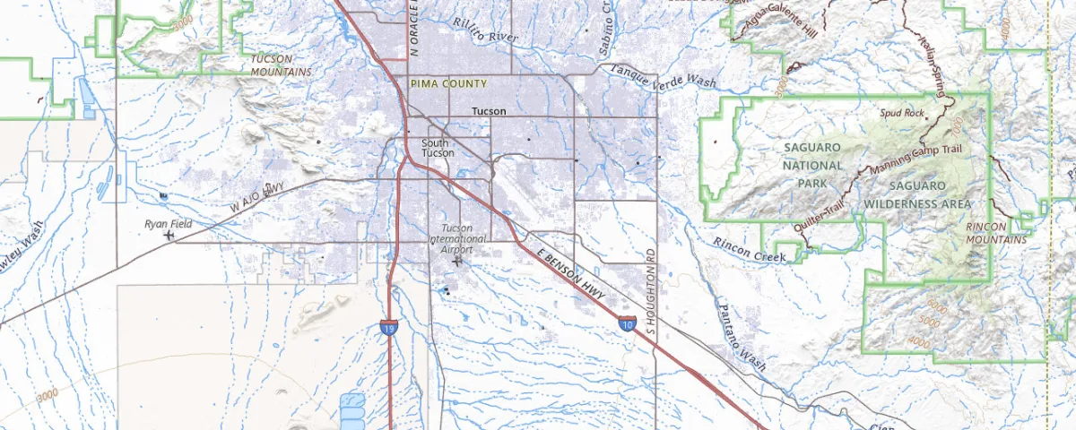 Map of the Tucson, Arizona area, showing local roads and geographic features