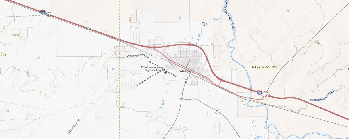 Map of the Winslow, Arizona area, showing local roads and geographic features