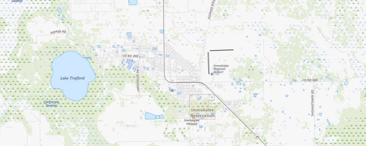 Map of the Immokalee, Florida area, showing local roads and geographic features