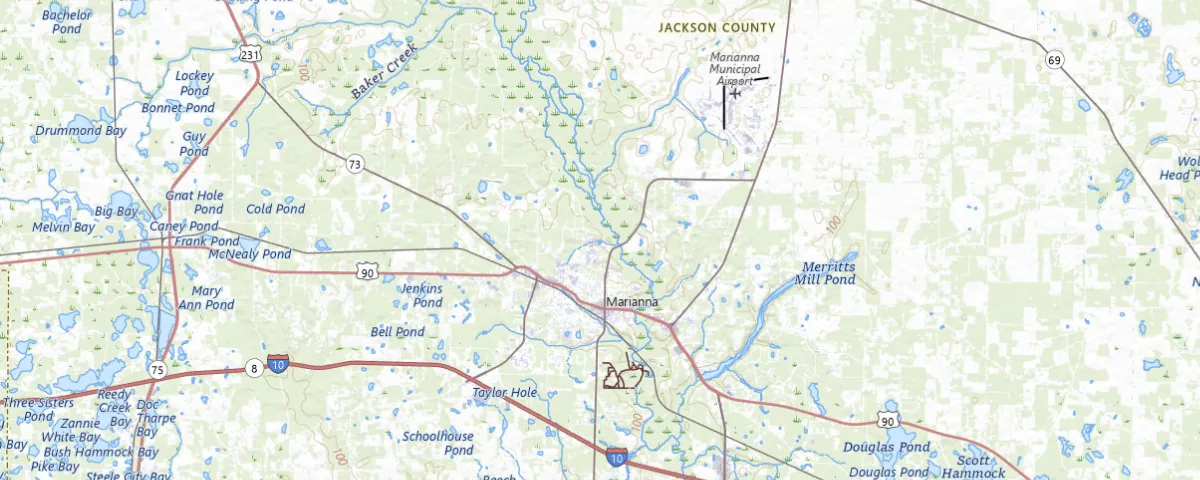 Map of the Marianna, Florida area, showing local roads and geographic features