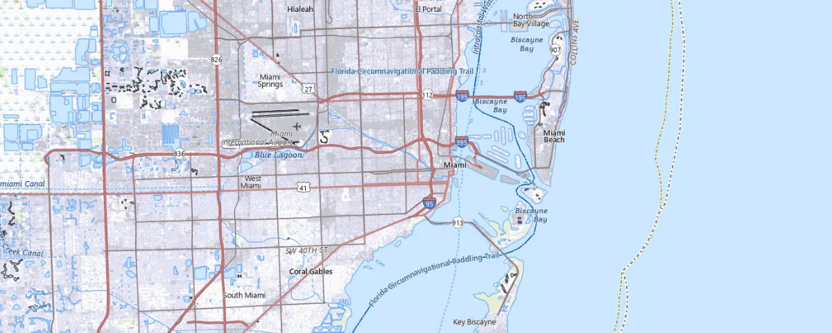 Map of the Miami, Florida area, showing local roads and geographic features