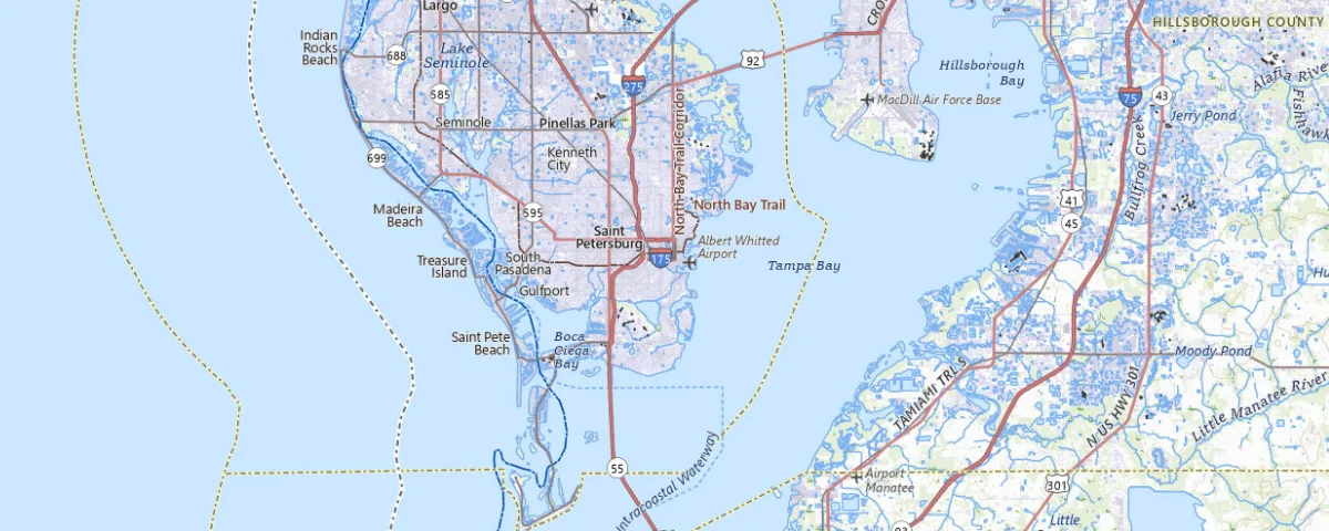 Map of the St. Petersburg, Florida area, showing local roads and geographic features