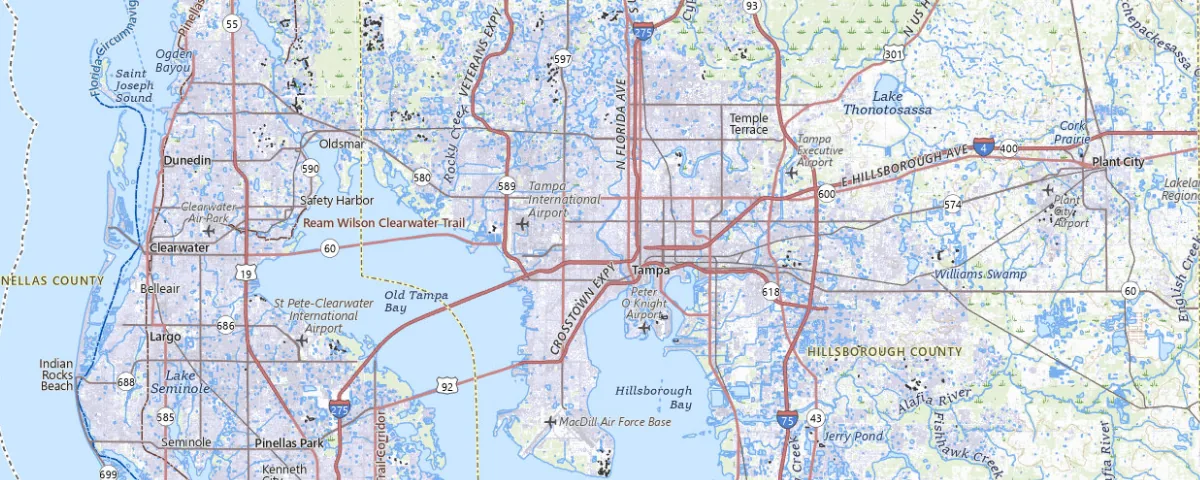 Map of the Tampa, Florida area, showing local roads and geographic features