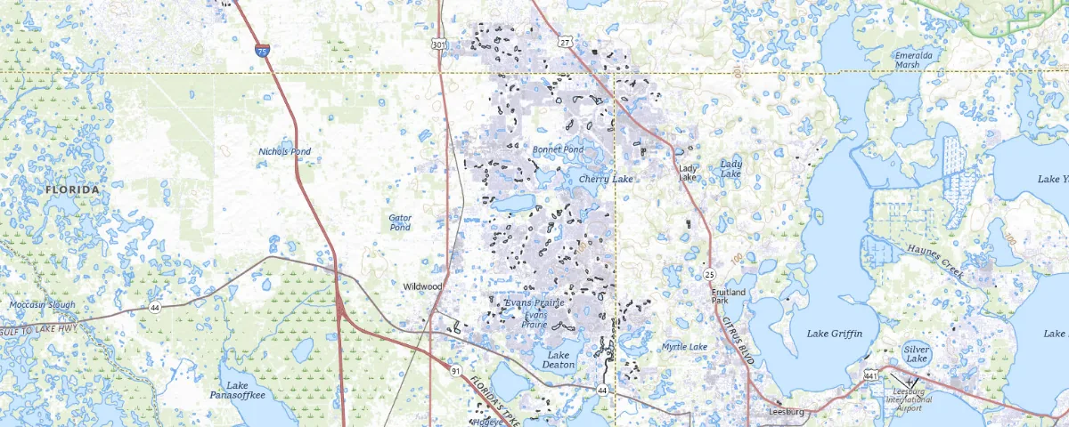 Map of the The Villages, Florida area, showing local roads and geographic features
