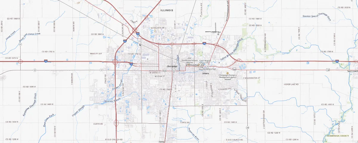 Map of the Champaign-Urbana, Illinois area, showing local roads and geographic features