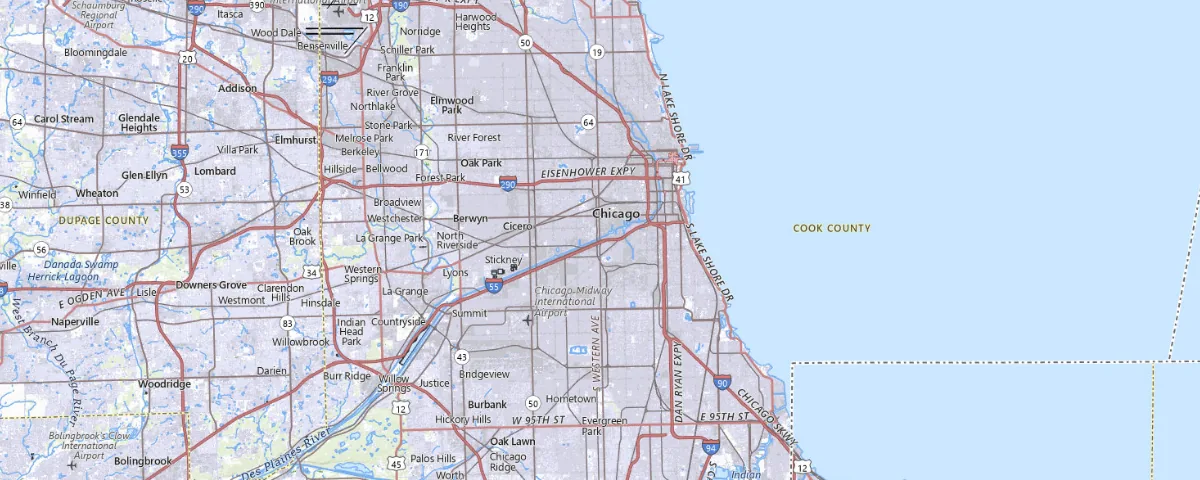 Map of the Chicago, Illinois area, showing local roads and geographic features