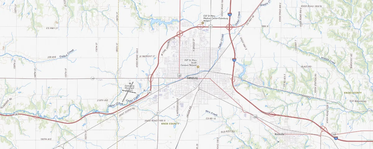 Map of the Galesburg, Illinois area, showing local roads and geographic features