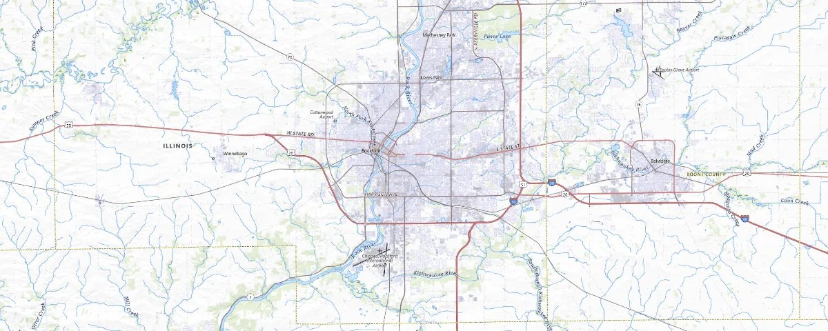 Map of the Rockford, Illinois area, showing local roads and geographic features