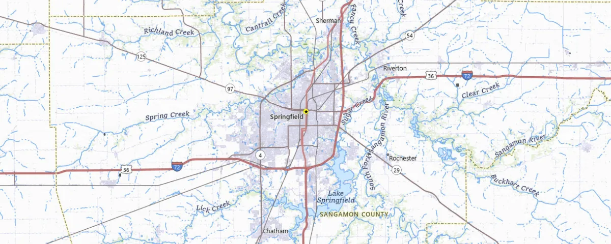 Map of the Springfield, Illinois area, showing local roads and geographic features