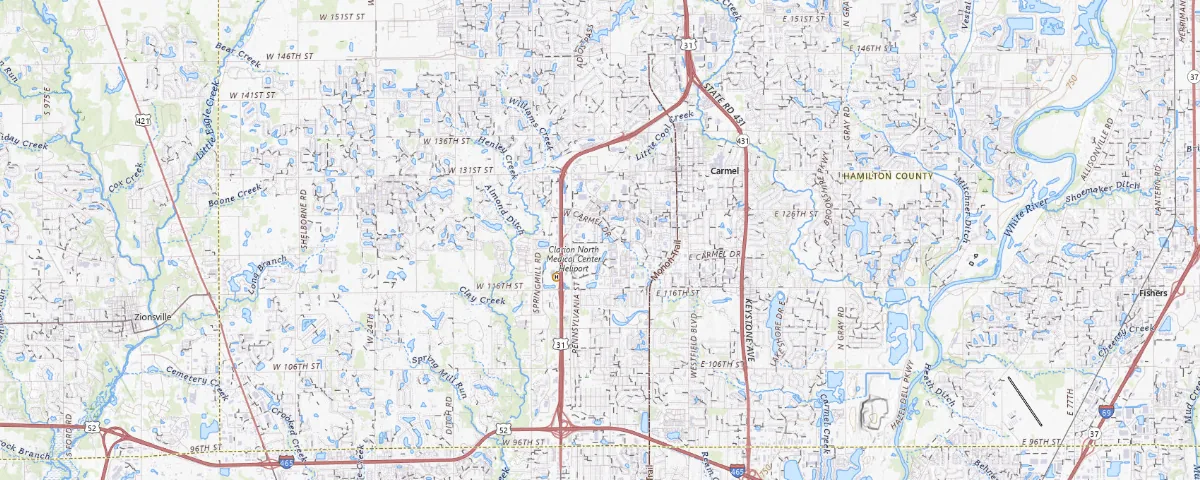 Map of the Carmel, Indiana area, showing local roads and geographic features