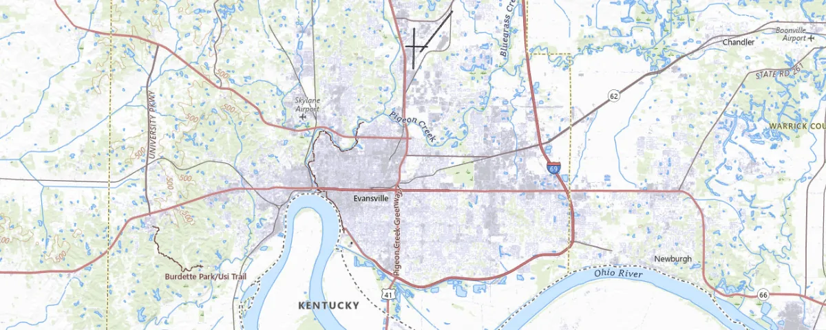 Map of the Evansville, Indiana area, showing local roads and geographic features