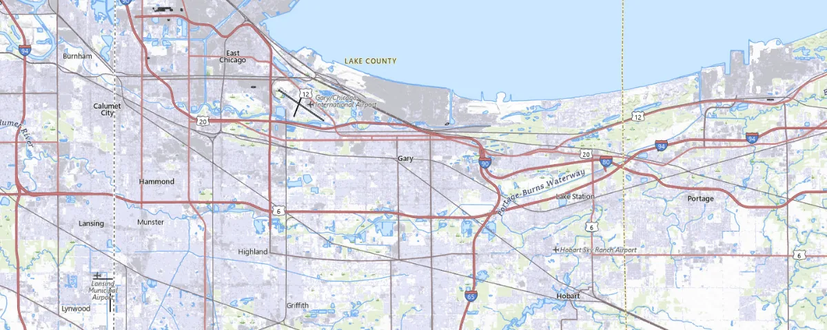 Map of the Gary, Indiana area, showing local roads and geographic features