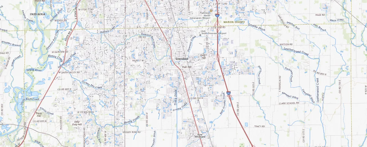Map of the Greenwood, Indiana area, showing local roads and geographic features