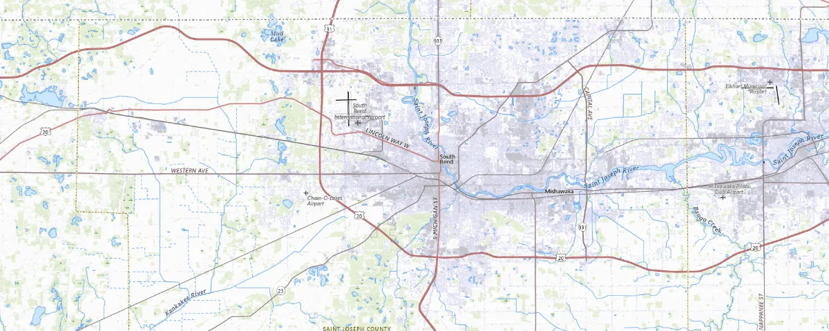 Map of the South Bend, Indiana area, showing local roads and geographic features