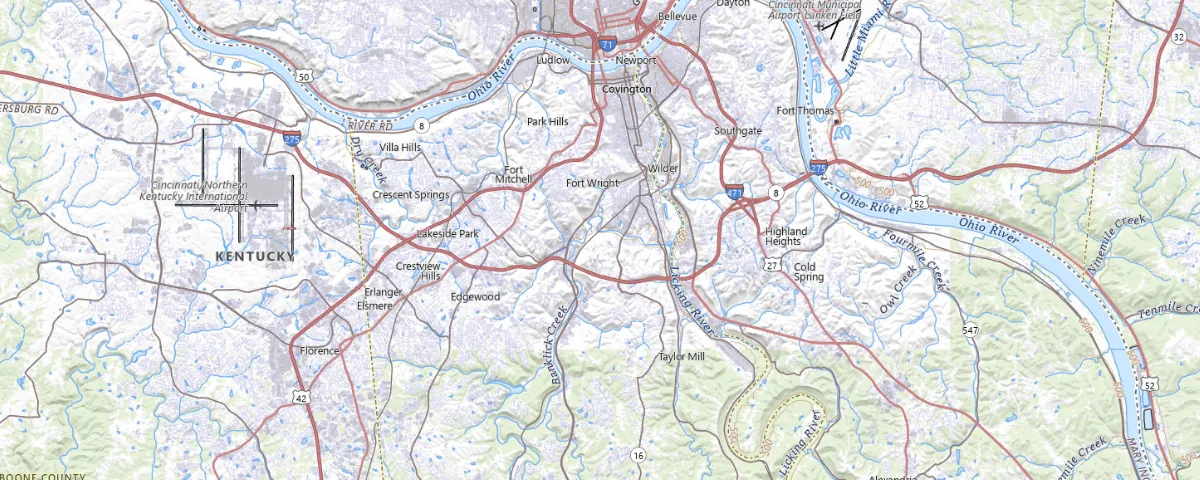 Map of the Covington, Kentucky area, showing local roads and geographic features