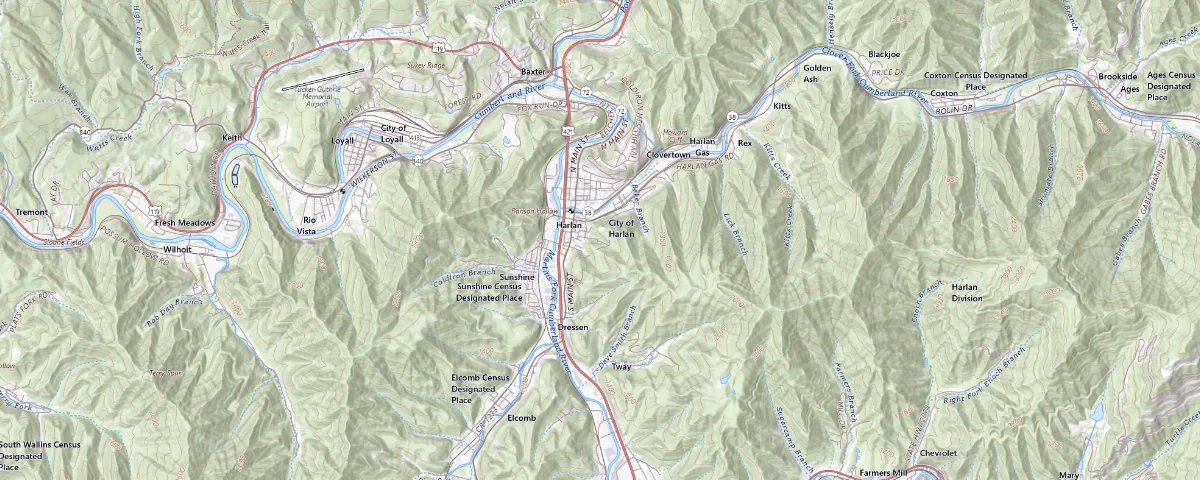 Map of the Harlan, Kentucky area, showing local roads and geographic features