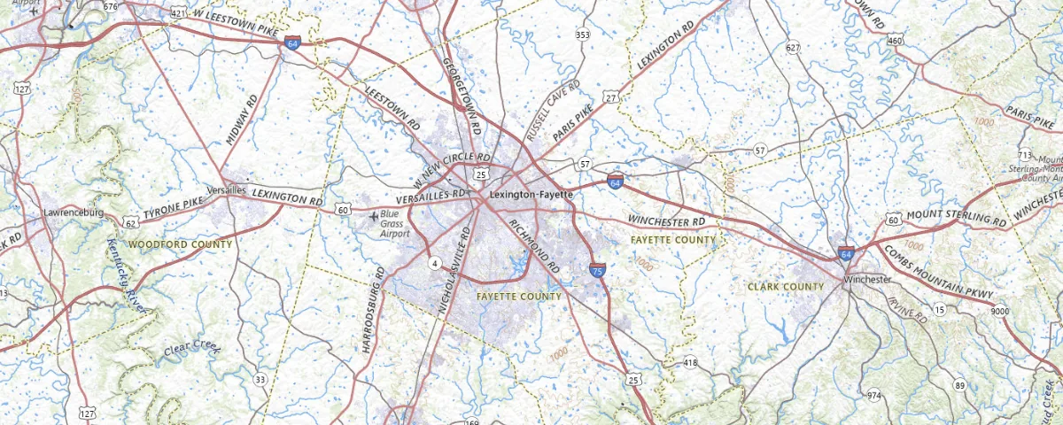 Map of the Lexington, Kentucky area, showing local roads and geographic features
