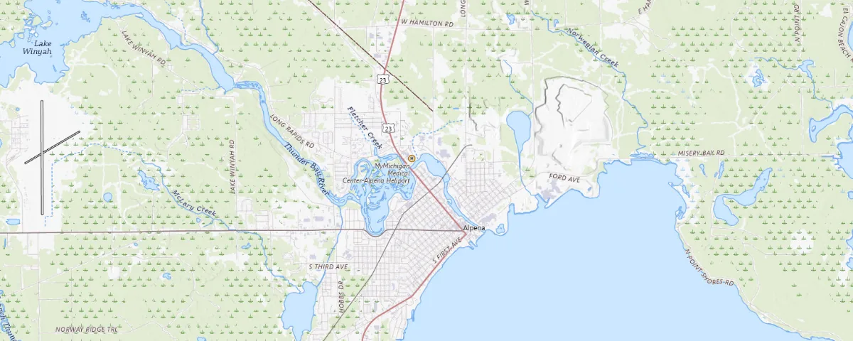 Map of the Alpena, Michigan area, showing local roads and geographic features