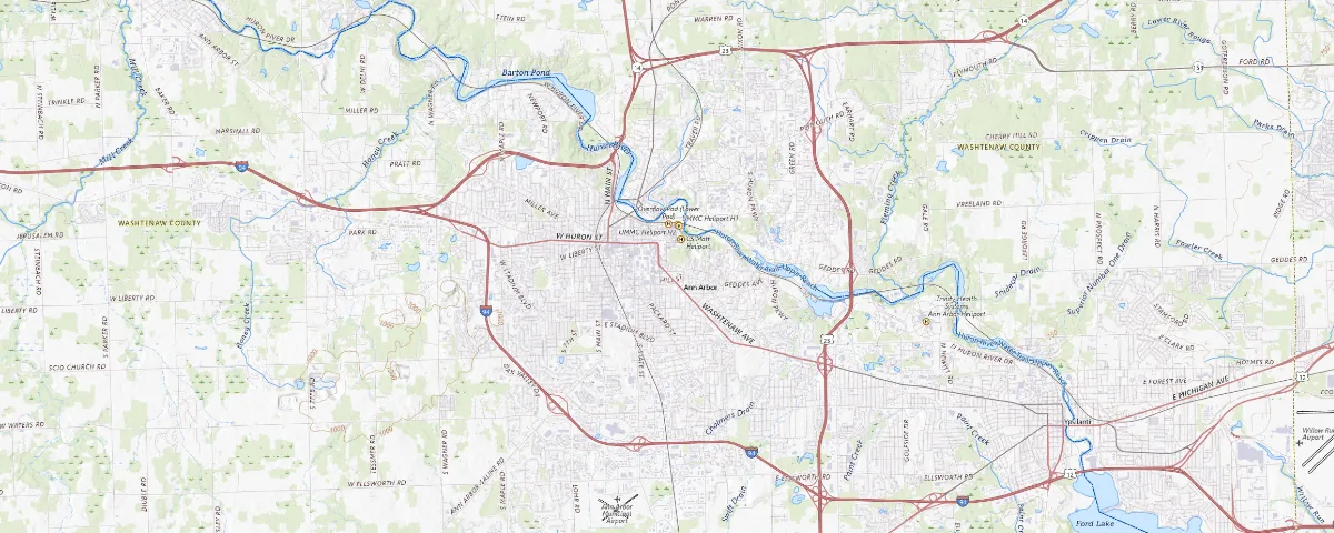 Map of the Ann Arbor, Michigan area, showing local roads and geographic features