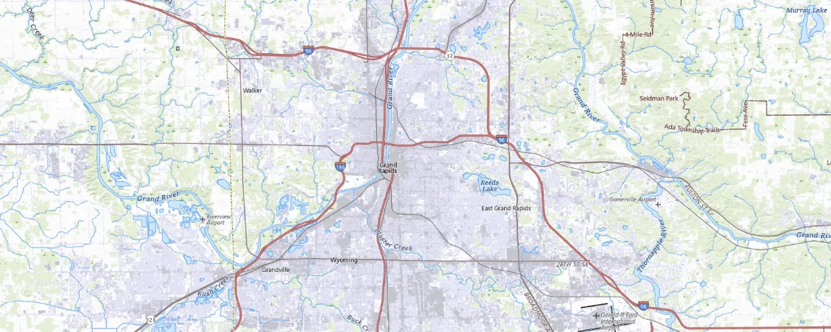 Map of the Grand Rapids, Michigan area, showing local roads and geographic features