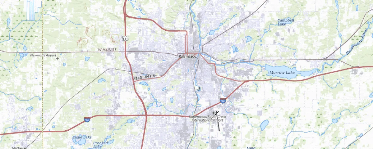 Map of the Kalamazoo, Michigan area, showing local roads and geographic features