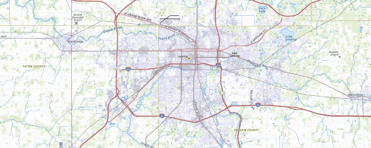 Map of the Lansing, Michigan area, showing local roads and geographic features
