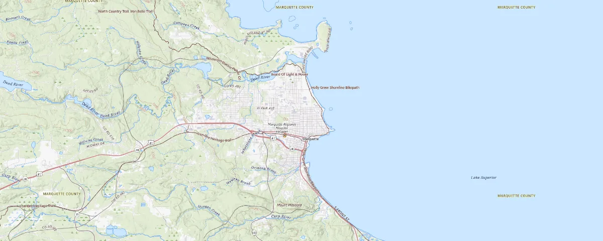Map of the Marquette, Michigan area, showing local roads and geographic features
