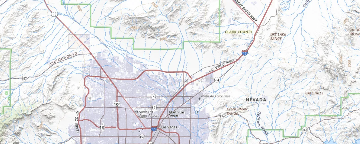 Map of the North Las Vegas, Nevada area, showing local roads and geographic features