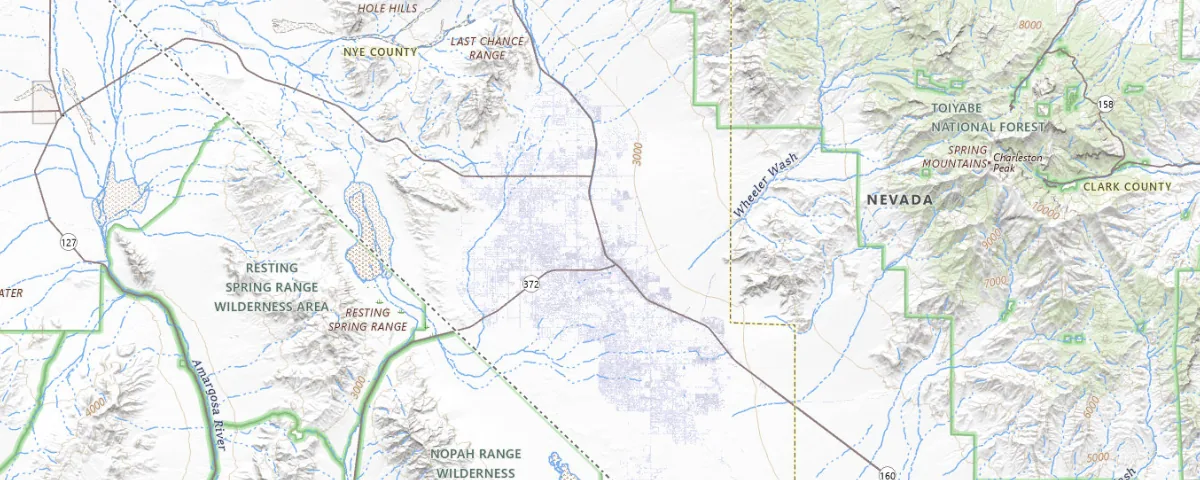 Map of the Pahrump, Nevada area, showing local roads and geographic features