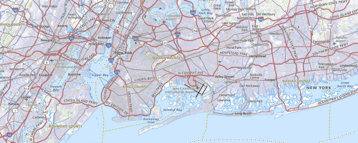 Map of the Queens, New York area, showing local roads and geographic features