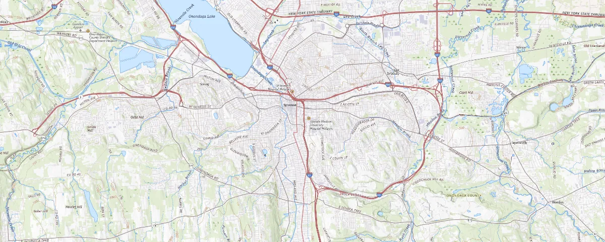 Map of the Syracuse, New York area, showing local roads and geographic features
