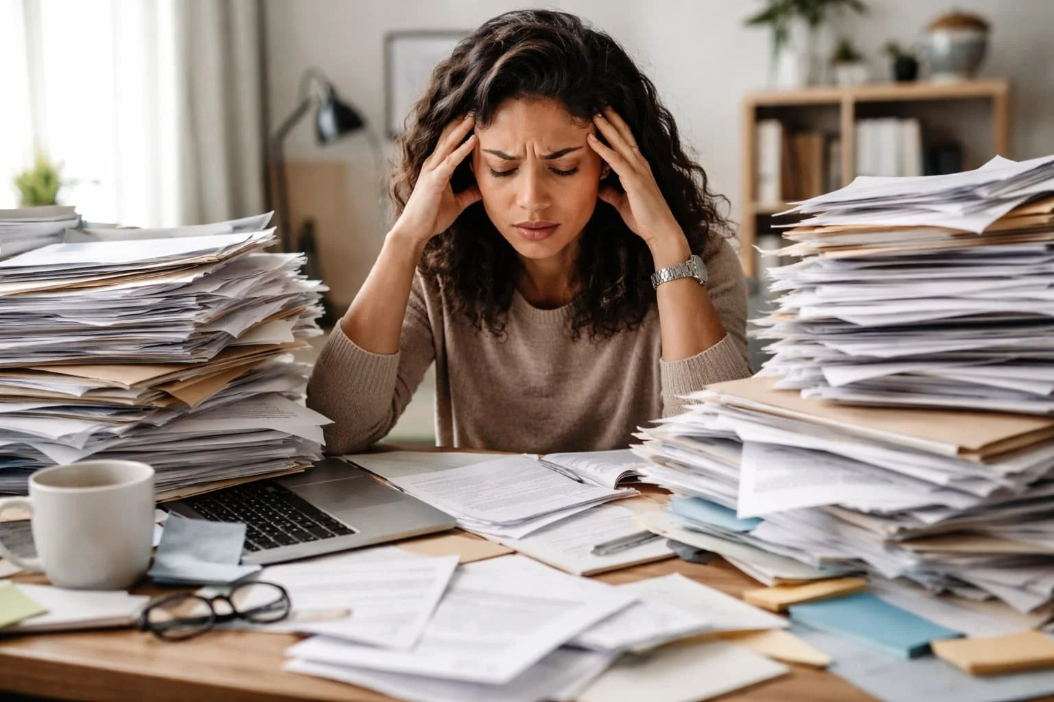 A woman at a desk with stacks of paperwork holding her temples