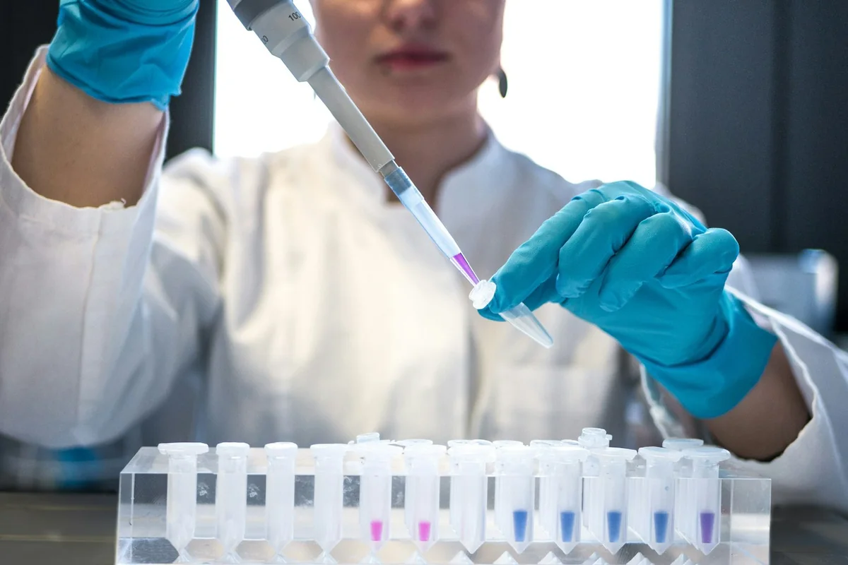 Laboratory technician pipetting samples into test tubes