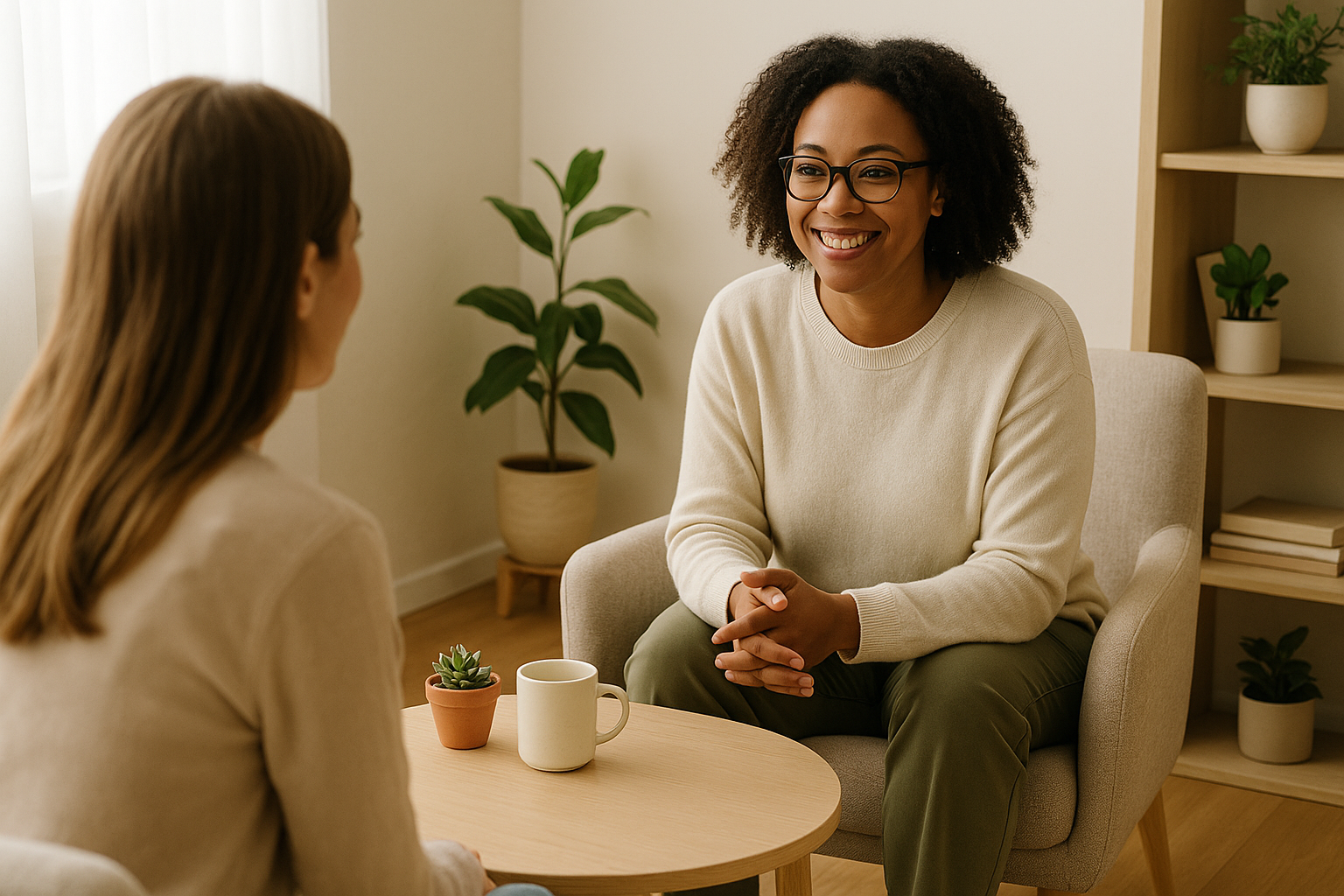 Two women having a supportive conversation in a comfortable room