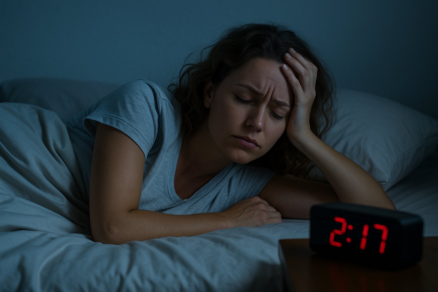 A woman lying awake in bed beside an alarm clock